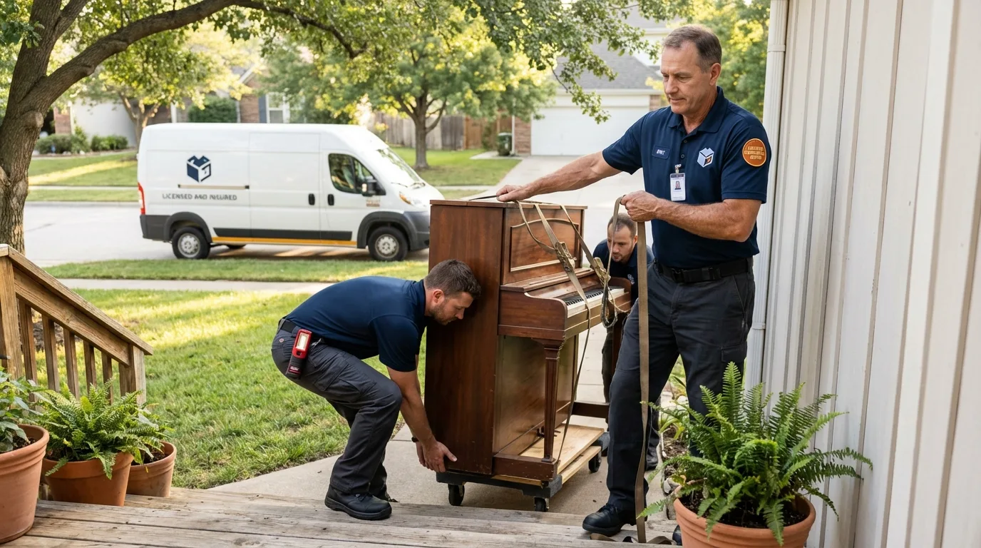 Licensed piano movers securing grand piano in Grafton, WV