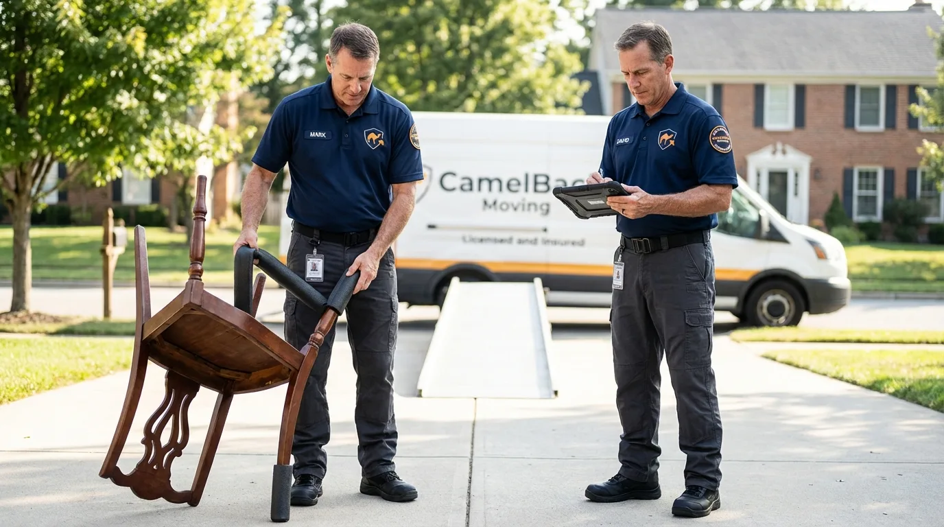 Movers inspecting furniture for damage prevention before loading in Grafton, WV