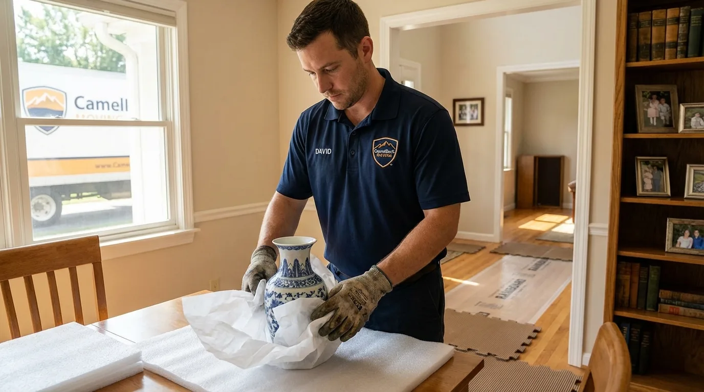 Professional crew carefully wrapping antique vase for senior downsizing move in Grafton, WV